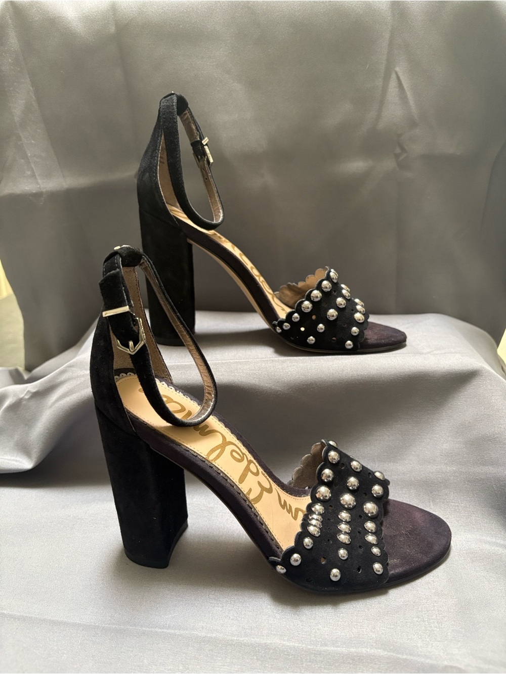 Sam Edelman Black Silver Studded Open Toe Block Heels Sz 5.5